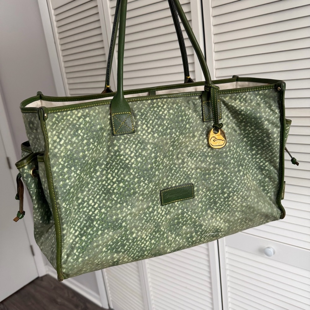Vintage Dooney & Bourke XL Tote Bag Green Leather Canvas Large Shopper
